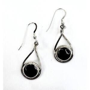 Mexico 925 Black Onyx Vintage Sterling Silver Dangle Earrings French Wire